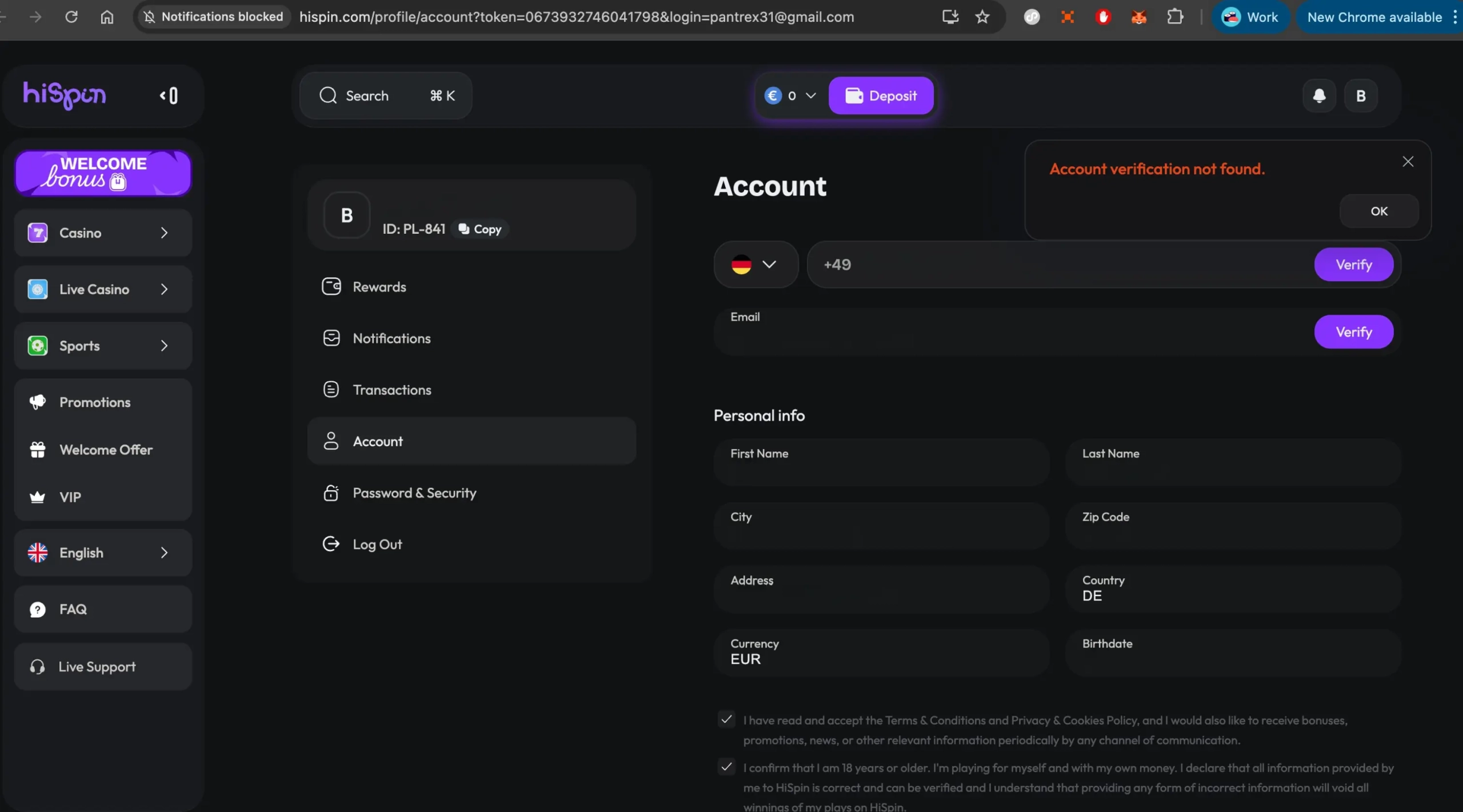 HiSpin casino account settings page
