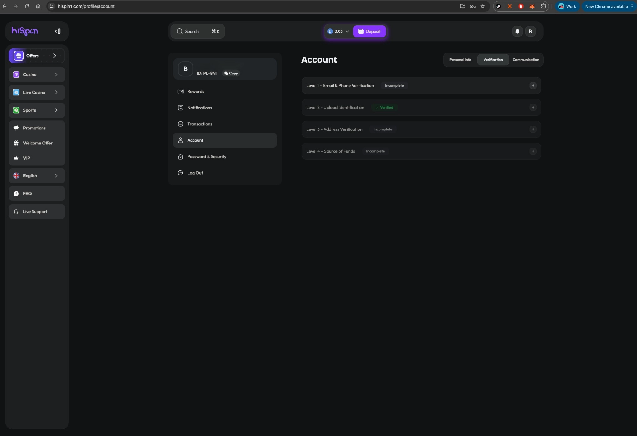 HiSpin casino account verification page