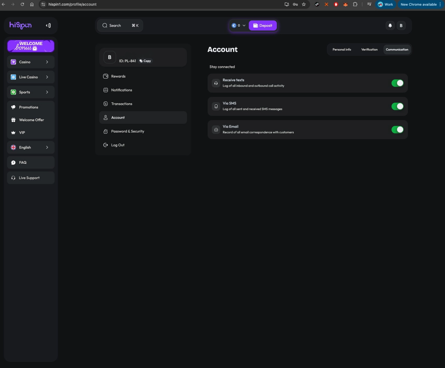 HiSpin casino account settings screen