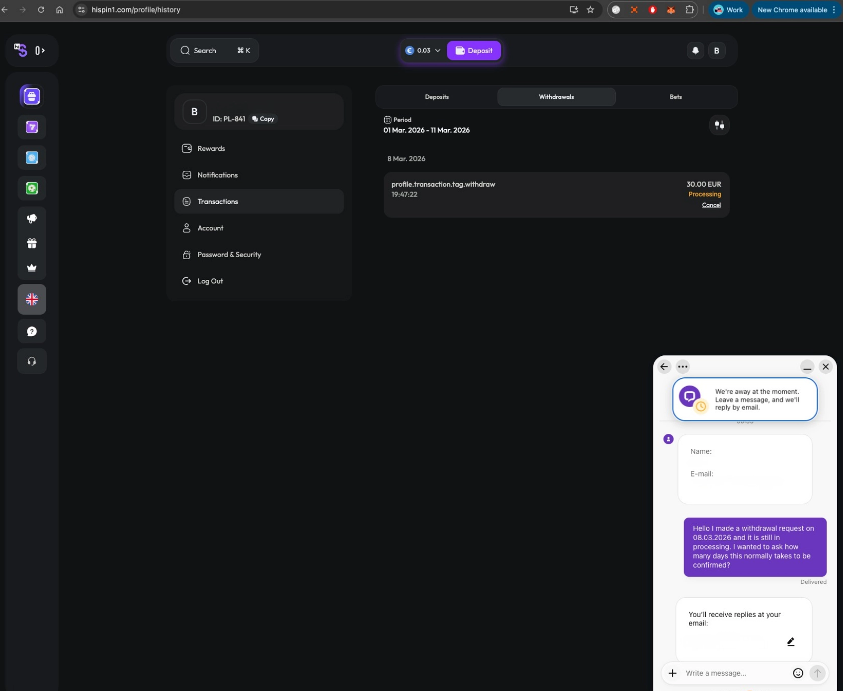 HiSpin casino account support screen