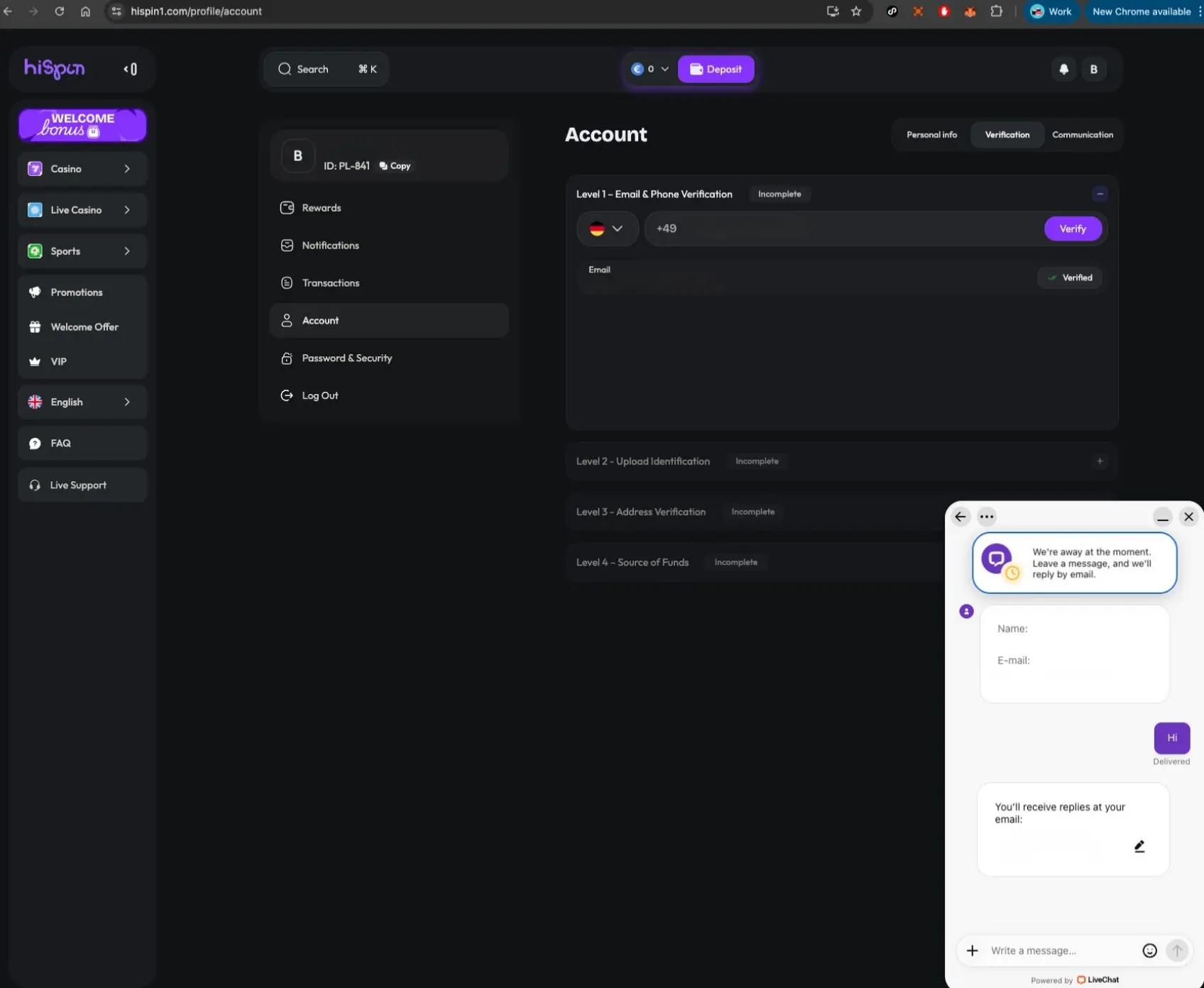 HiSpin casino account verification screen