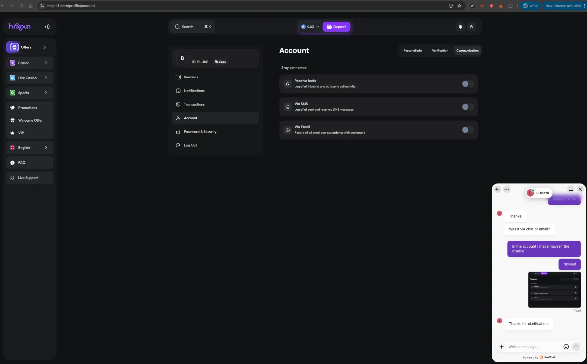 HiSpin casino account settings with live chat