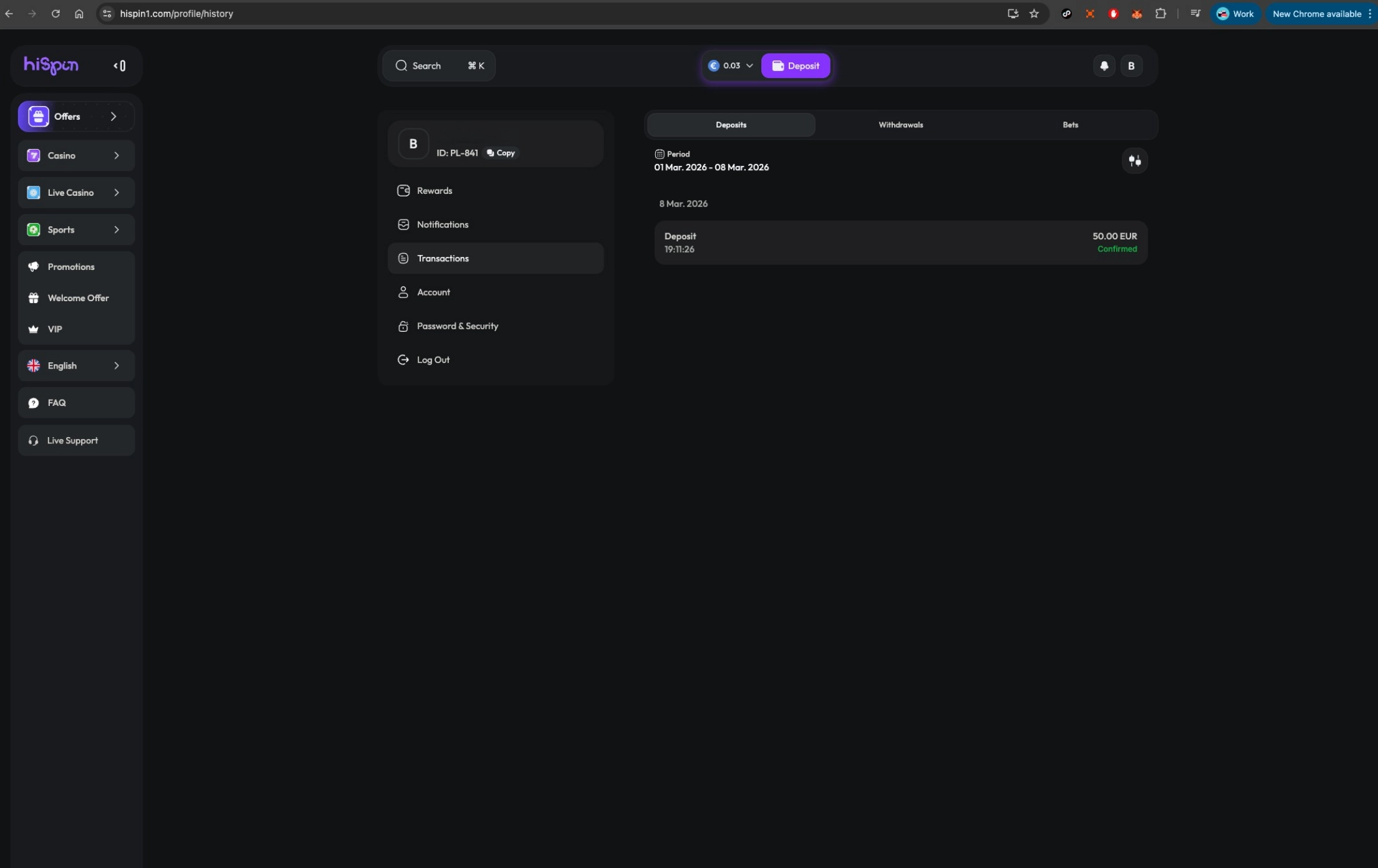 HiSpin casino deposit transactions page screen
