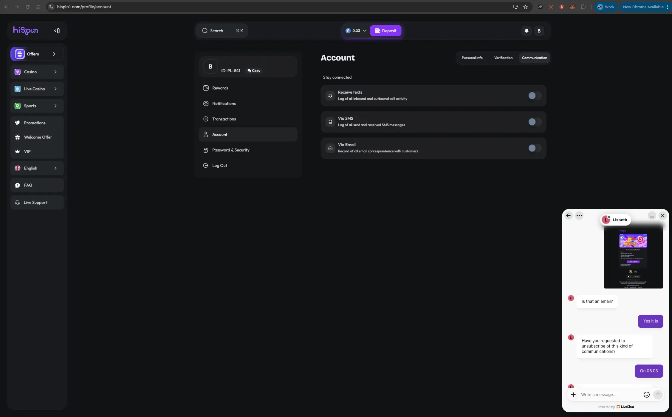 HiSpin casino account settings with live chat