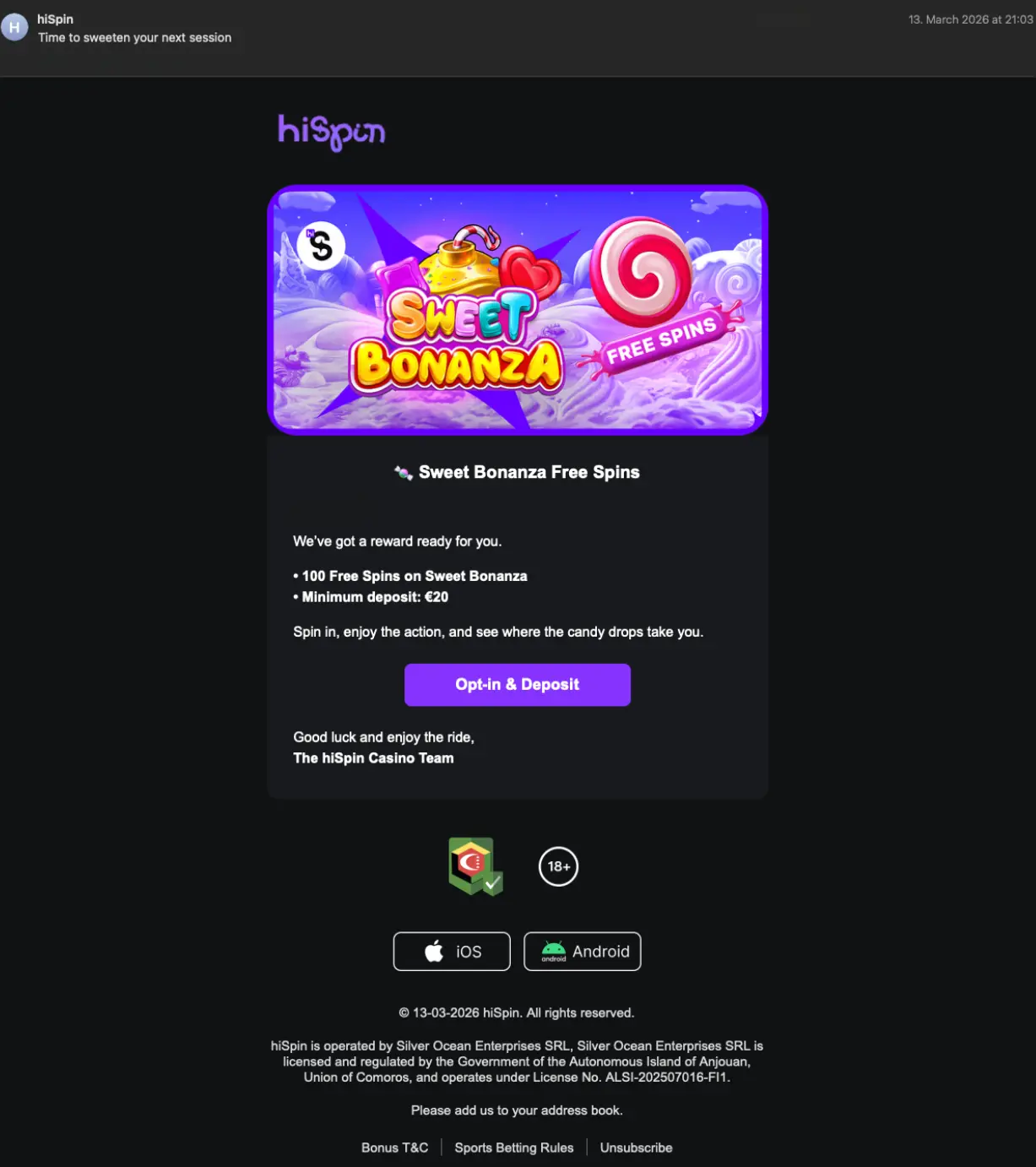 HiSpin casino free spins bonus mail screen