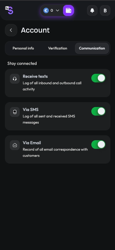 HiSpin casino account settings screen