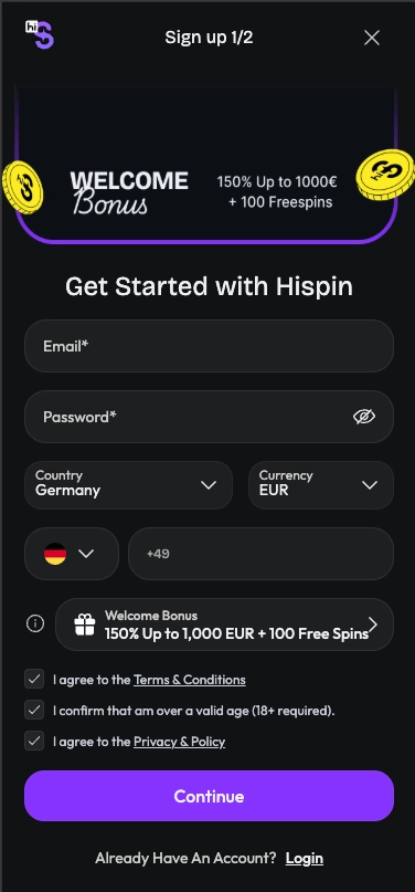 HiSpin casino sign up screen