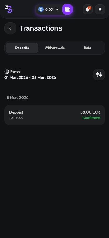 HiSpin casino deposit transaction history screen