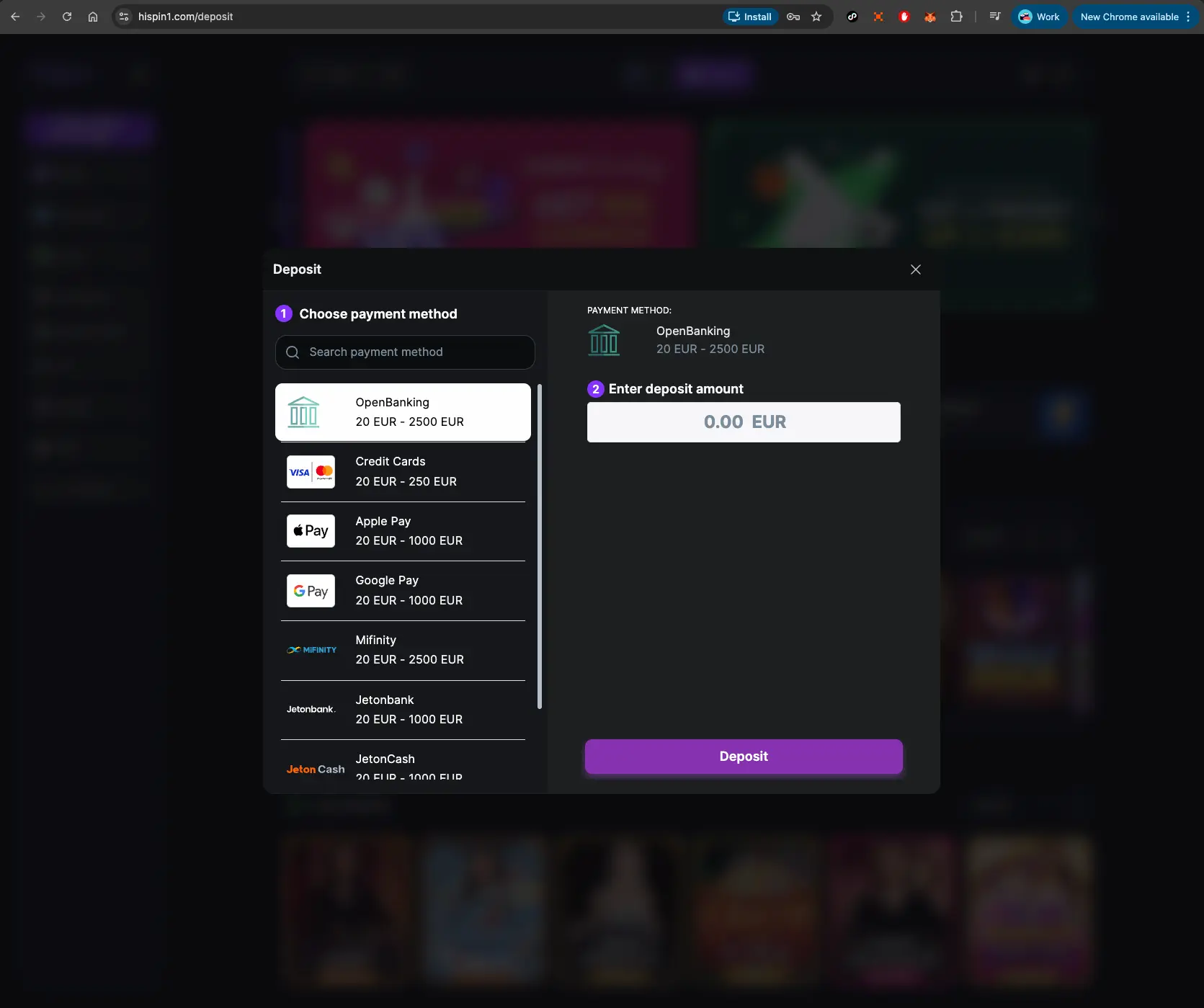 HiSpin casino payment methods screen