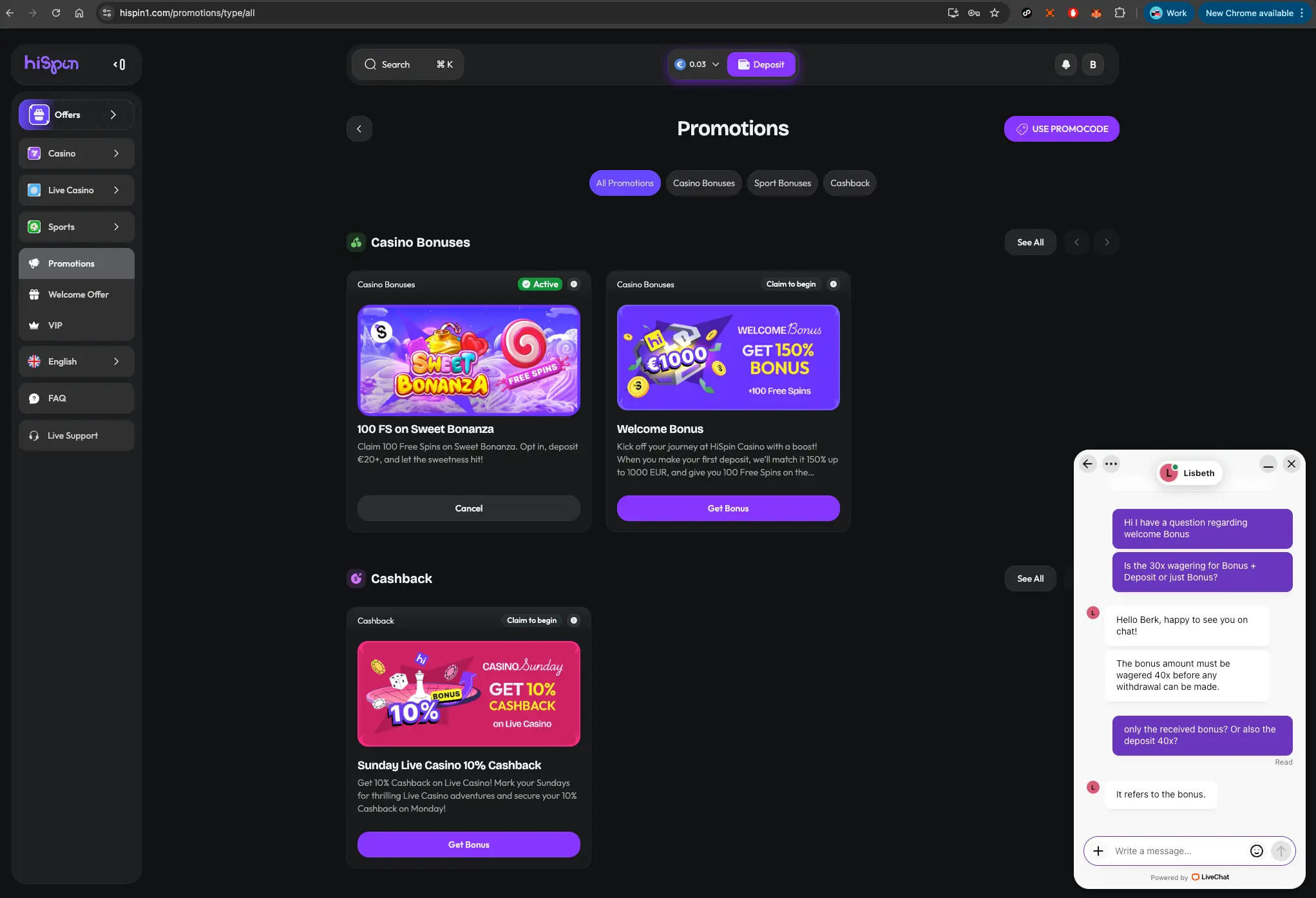 HiSpin casino promotions page with live chat