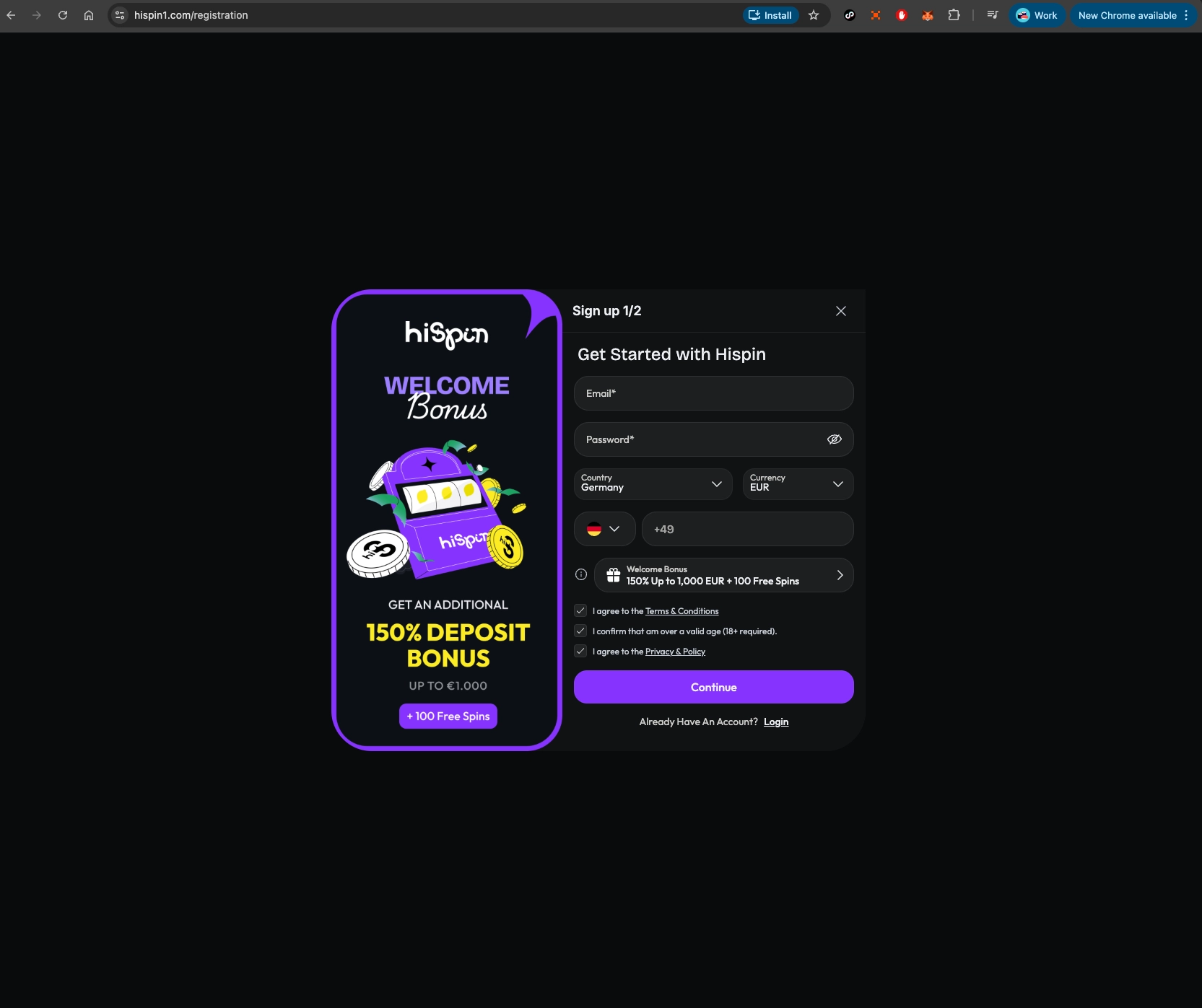 HiSpin casino sign up screen