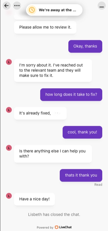 HiSpin casino live chat screen