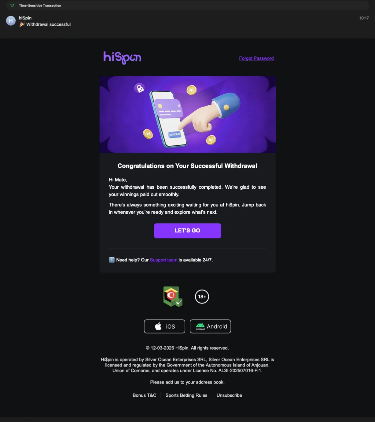 HiSpin casino withdrawal completed mail screen