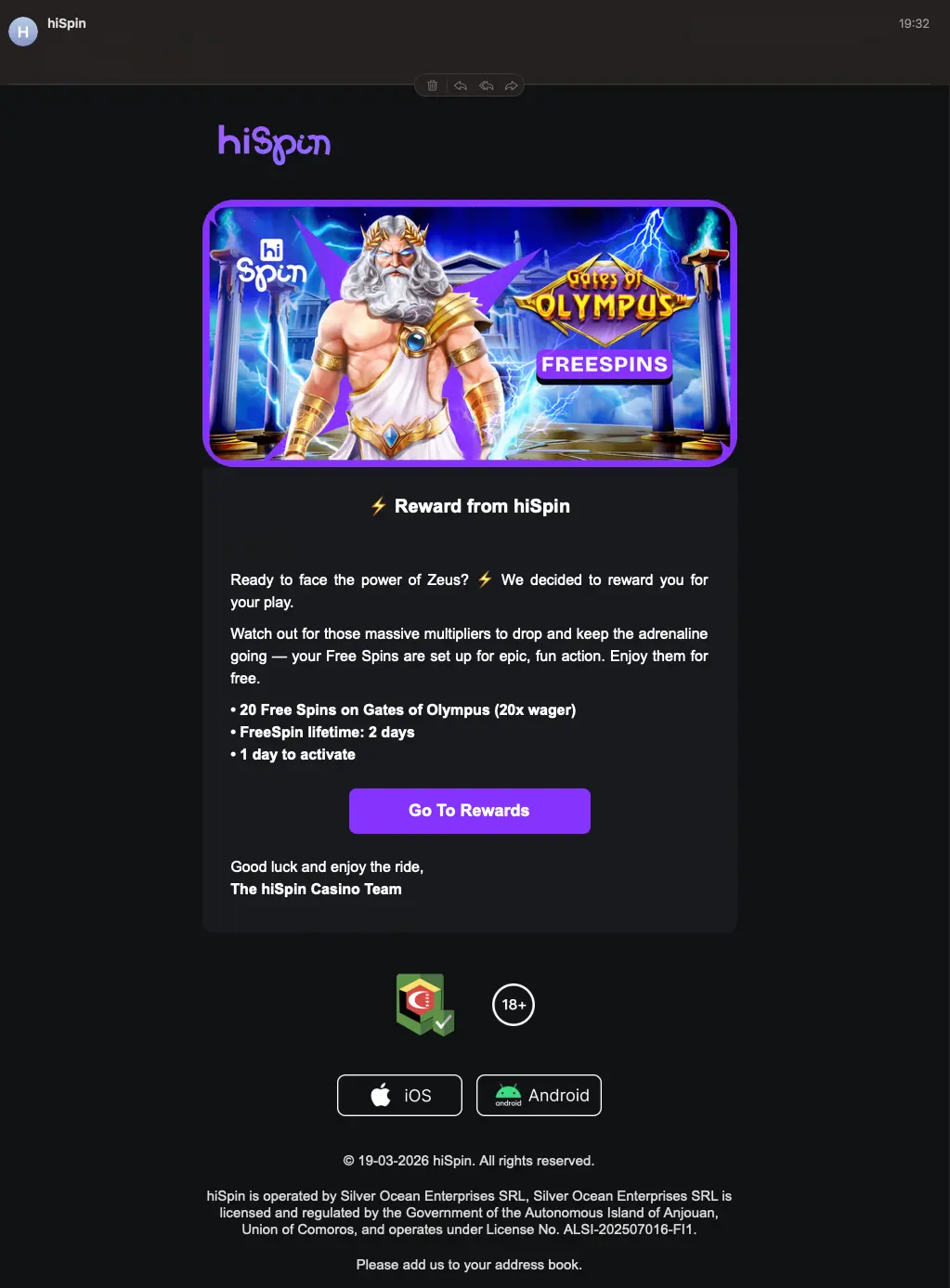 HiSpin casino bonus mail screen