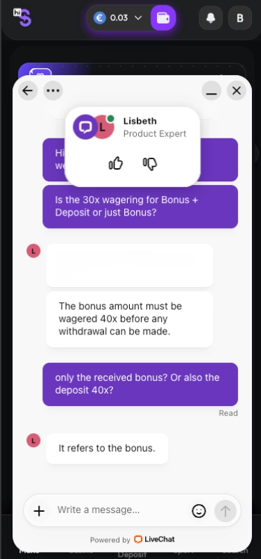 HiSpin casino live chat screen