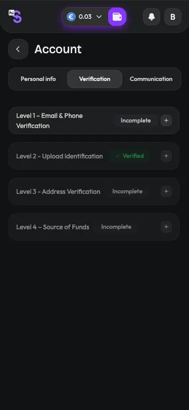 HiSpin casino account verification screen