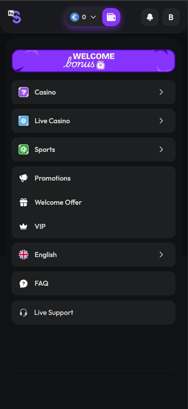 HiSpin casino mobile menu screen