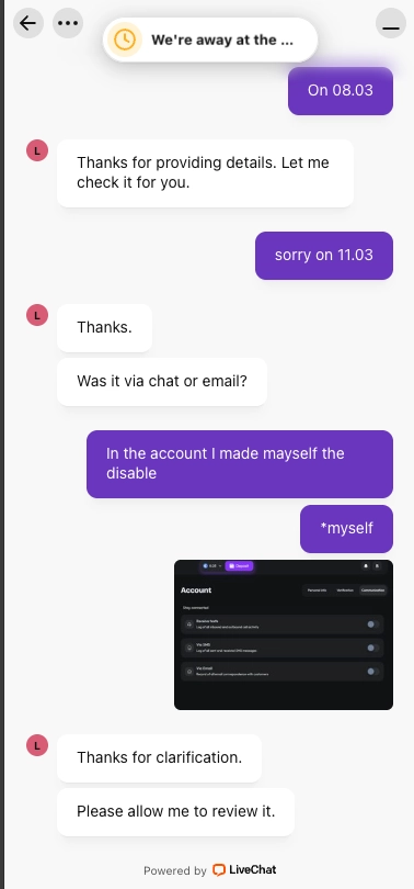 HiSpin casino live chat screen