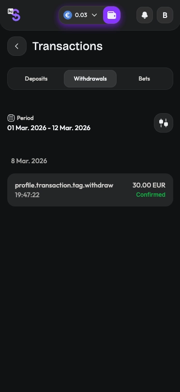 HiSpin casino withdrawal transactions screen