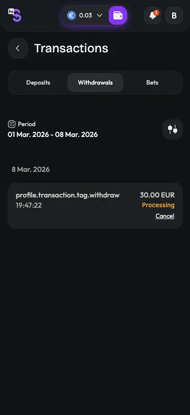 HiSpin casino withdrawal transactions screen