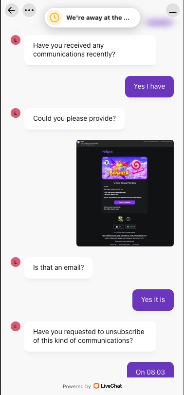 HiSpin casino live chat screen