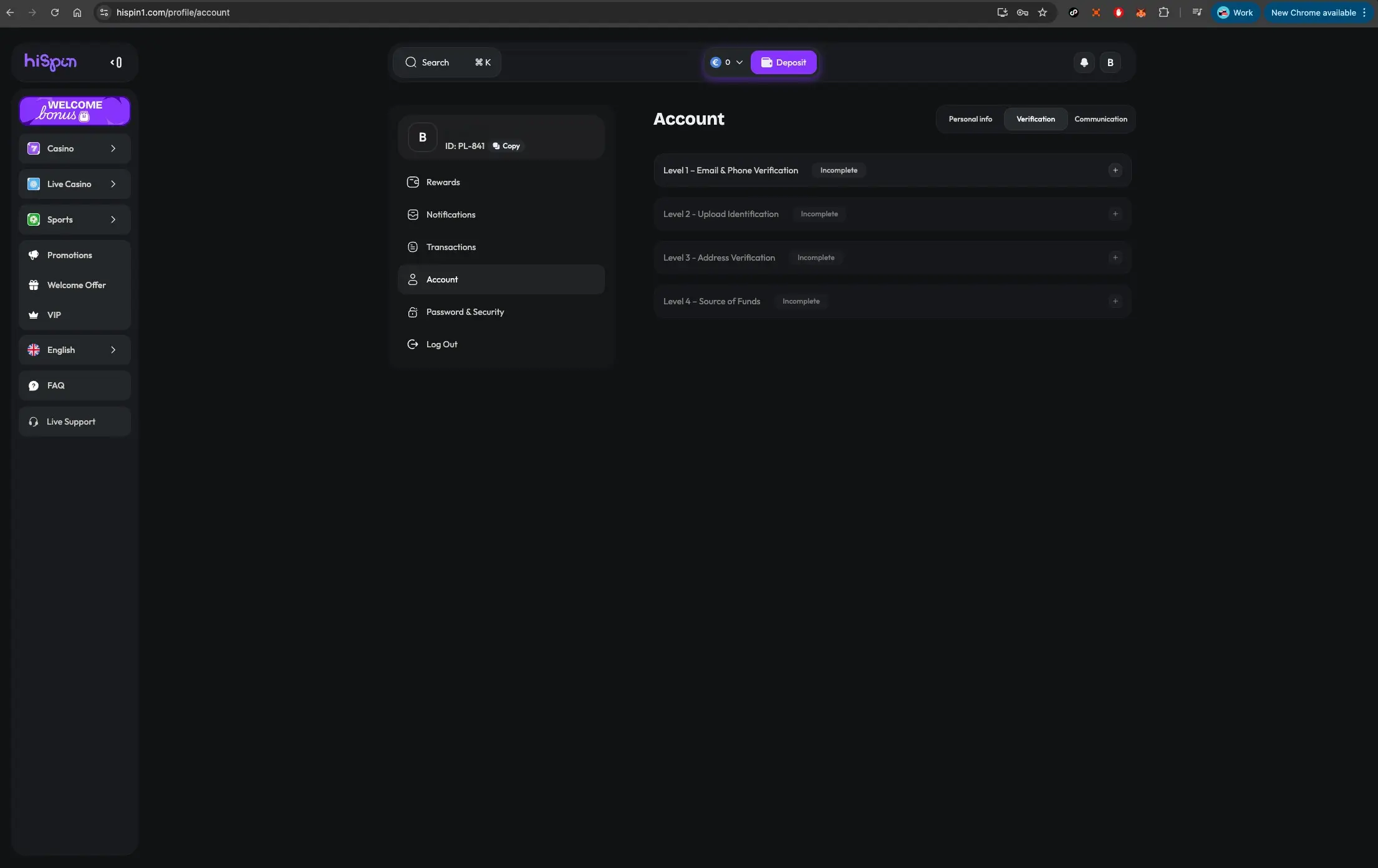 HiSpin casino account verification screen
