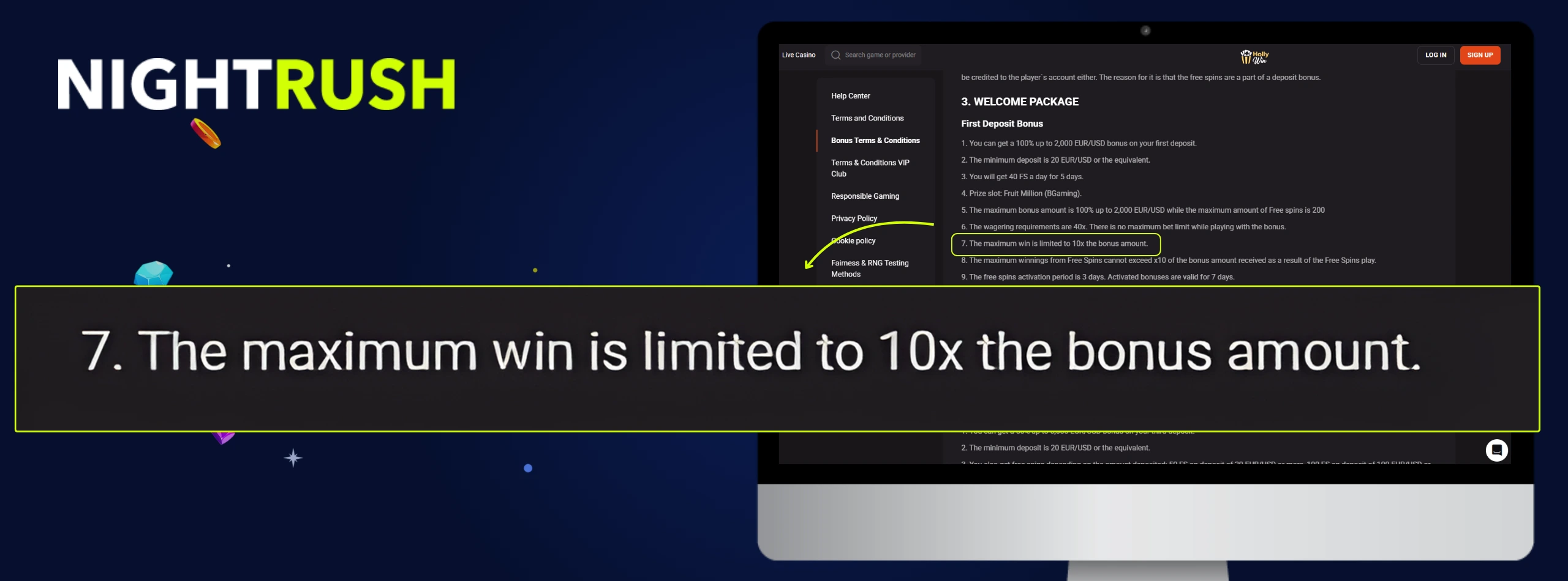 Monitors displaying the bonus terms page for Hollywin. A callout box highlights section 7.