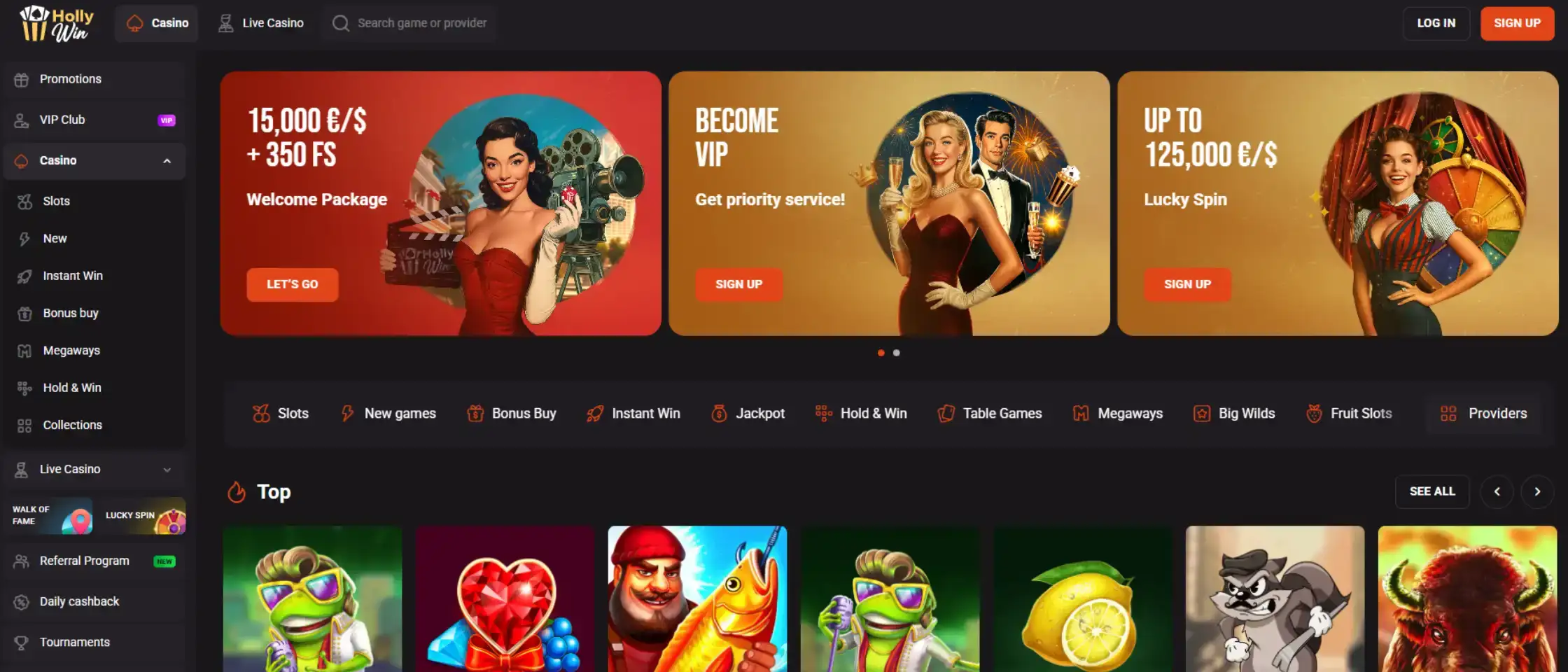 Screenshot of Hollywin casino homepage