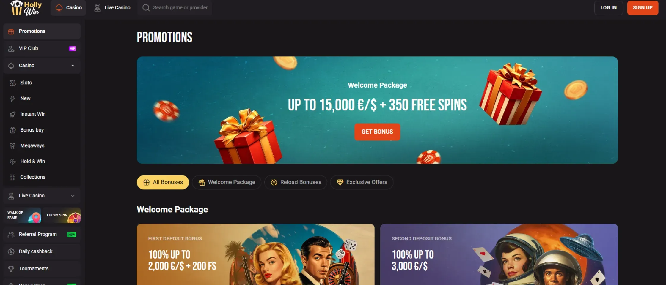 Screenshot of Hollywin Casino promotions page