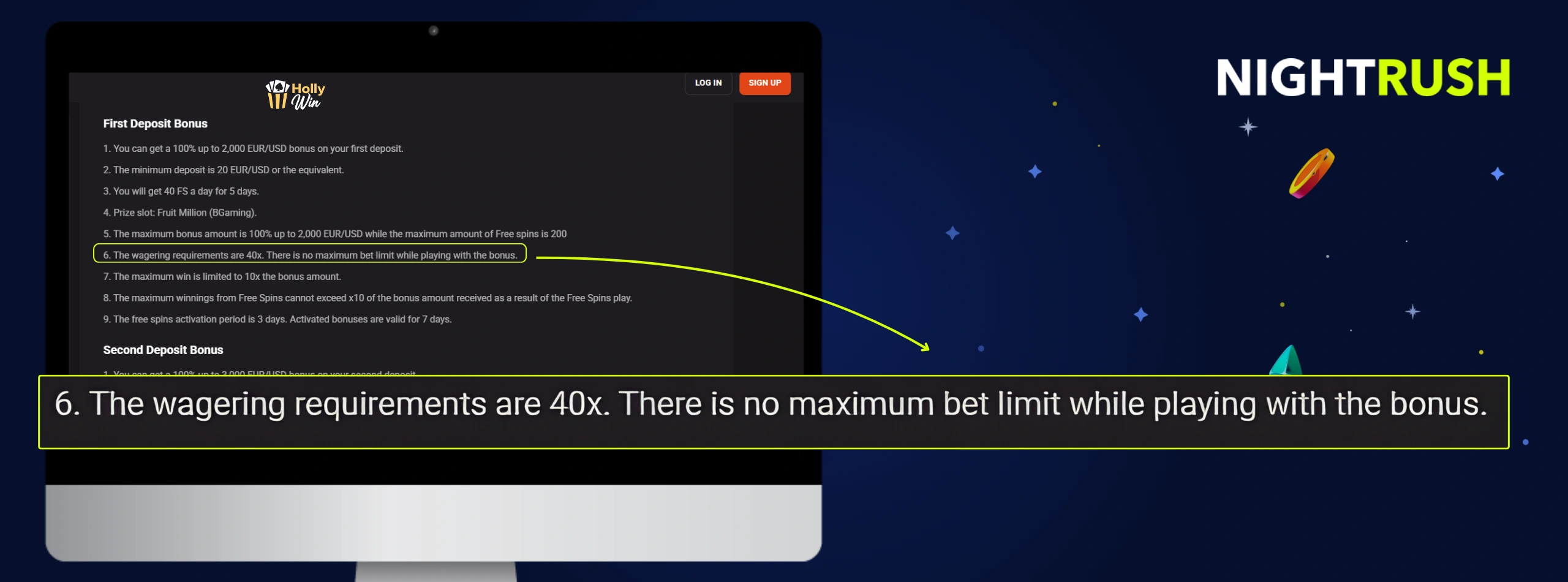 Monitors displaying the bonus terms page for Hollywin. A callout box highlights section 6.
