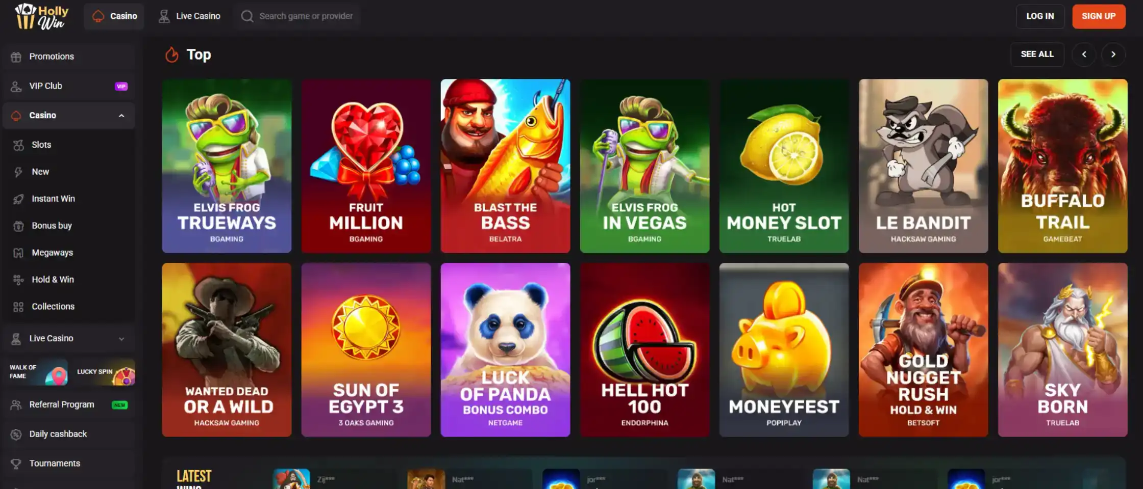 Screenshot of HollyWin Casino's casino game library