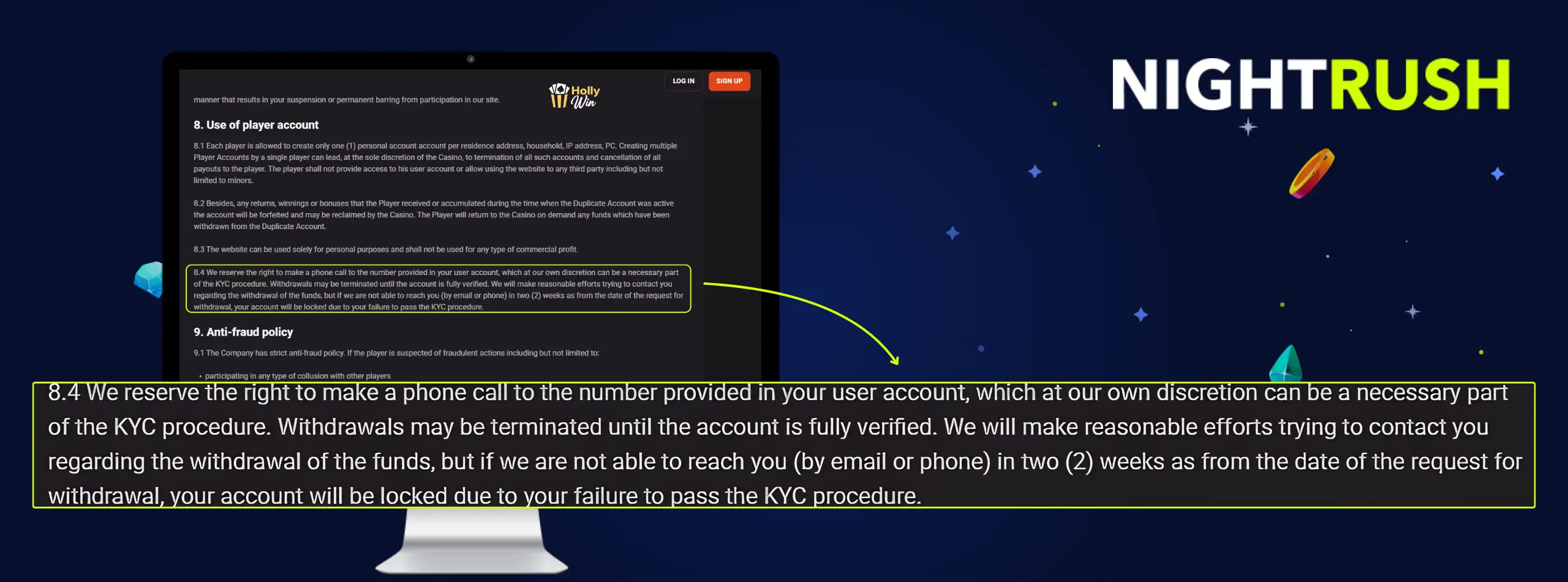 Monitors displaying the T&Cs page for HollyWin. A callout box highlights section 8.4.