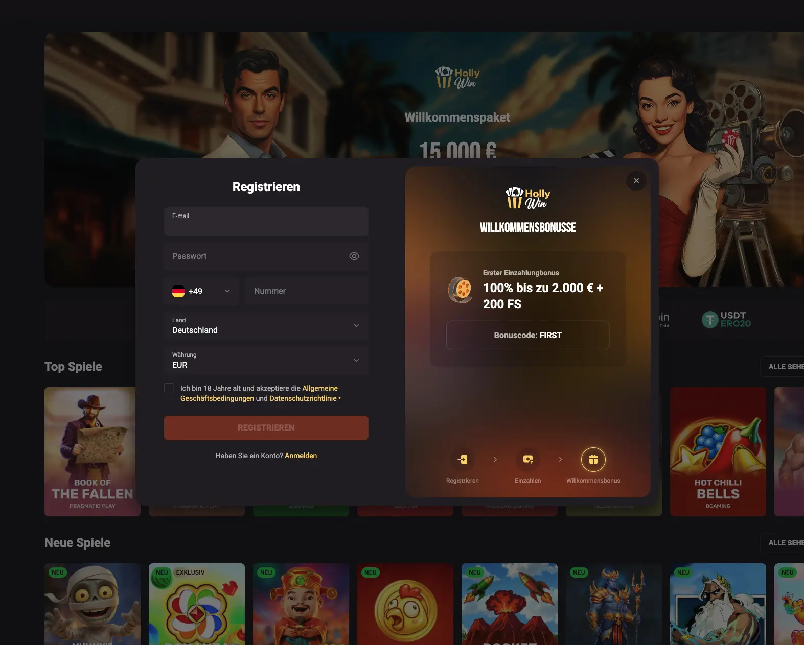 hollywin casino registration screen