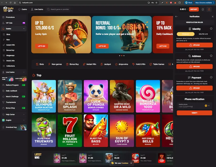 hollywin casino verification screen