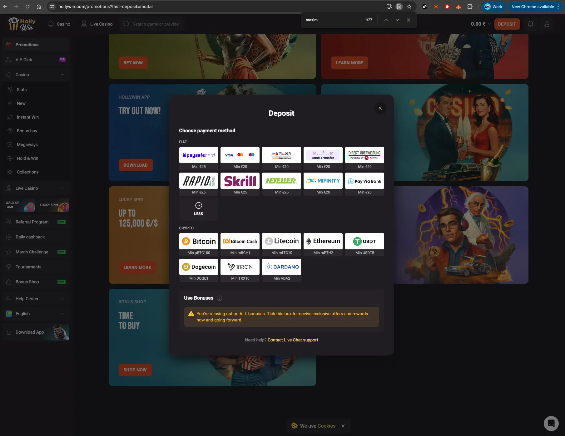 hollywin deposit methods