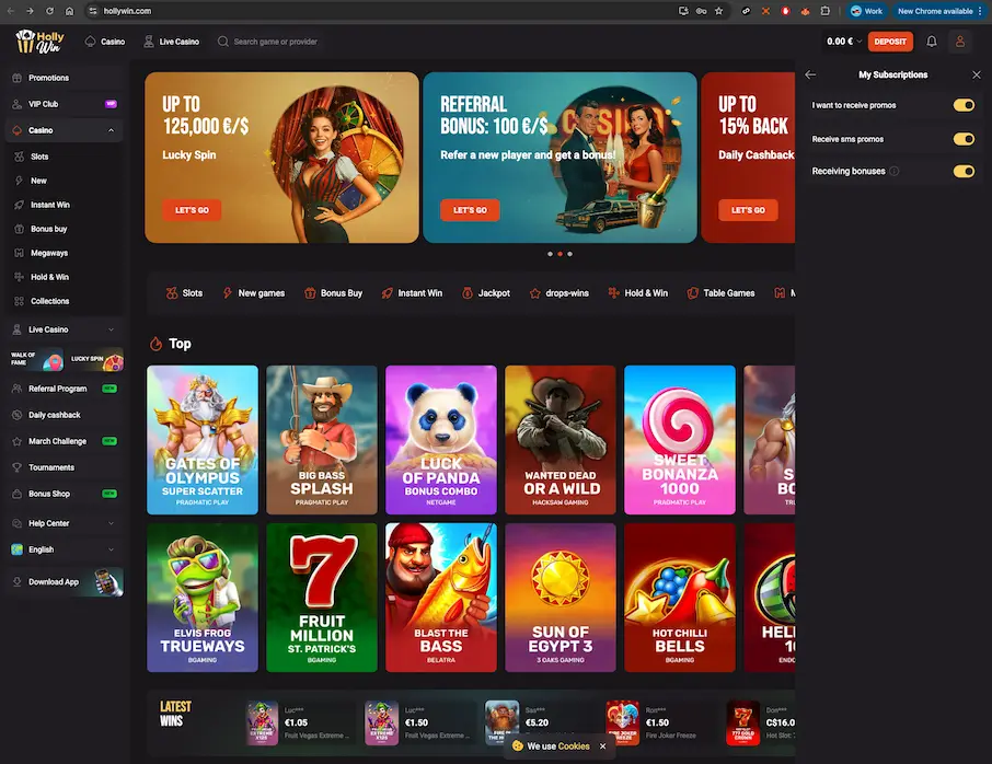 hollywin casino subscription screen