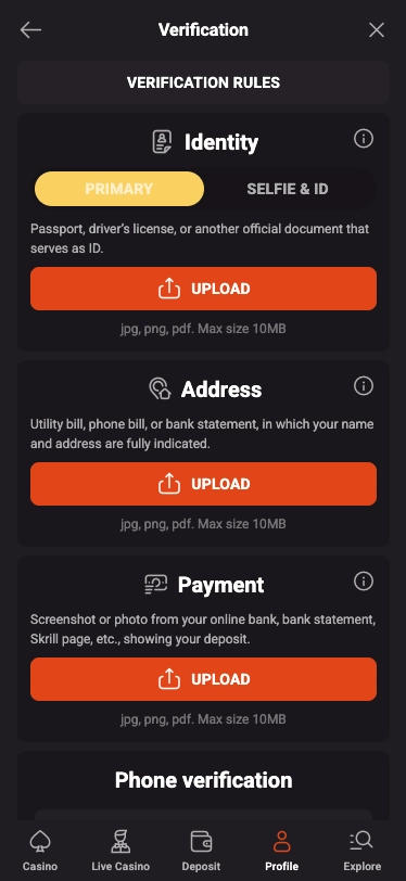 hollywin casino mobile verification screen