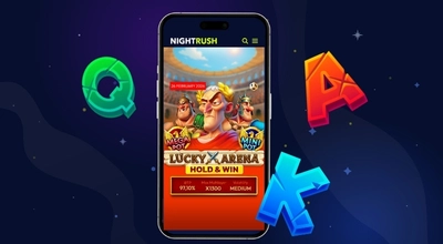 Smartphone screen showing Lucky Arena Hold & Win slot game with bonus and bet options.