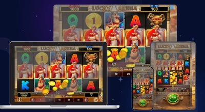 Multiple devices showing Lucky Arena Hold & Win slot game interface and spinning reels.
