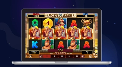 Laptop displaying Lucky Arena slot game with Roman characters and reels in play.
