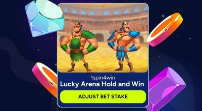 Game screen with two Roman gladiator characters and “Adjust Bet Stake” button.