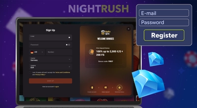Laptop shows HollyWin Casino registration page.