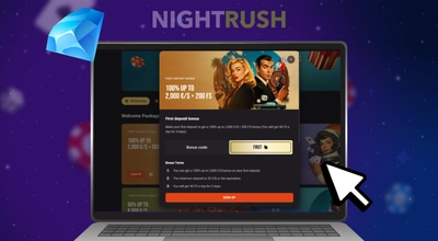 Laptop shows HollyWin Casino welcome bonus terms.