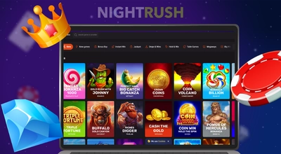 Laptop shows HollyWin Casino slot games.