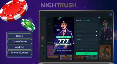 Laptop screen showing a CasinOK sign-up form and a promotional banner for 777 free spins.