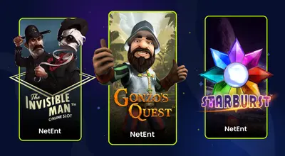 Three slot game banners by NetEnt: The Invisible Man, Gonzo's Quest, and Starburst.