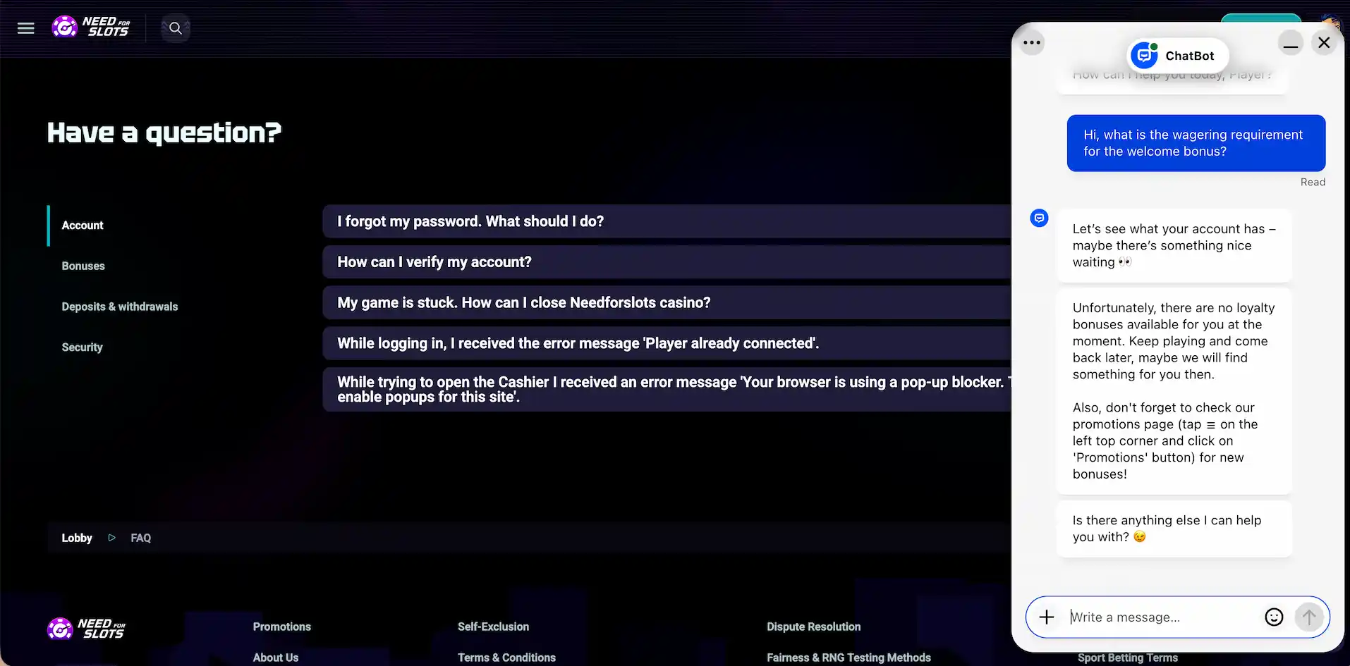 Live chat with Needforslots Casino.