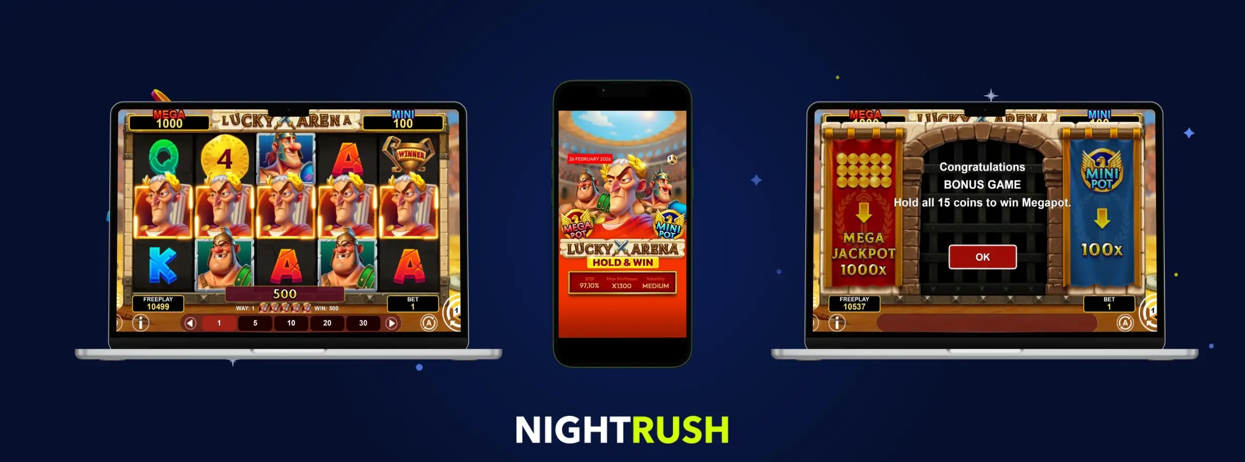 In-game screenshot of our 500-spin test play on Lucky Arena Hold and Win, showing the reel layout and current bankroll balance.