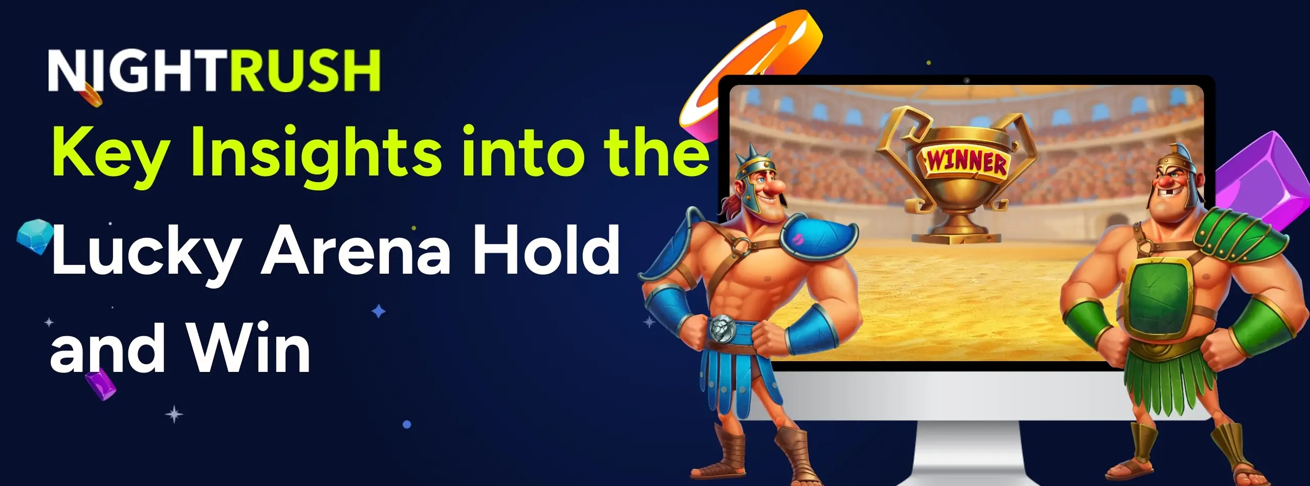 Two gladiator characters from the Lucky Arena Hold and Win online slot standing against a navy blue Coliseum background.