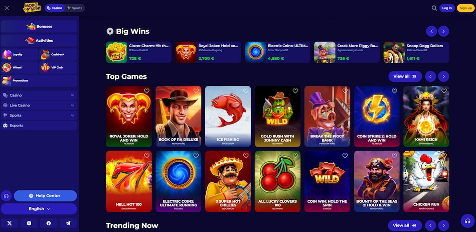 Morospin Casino slot games lobby.